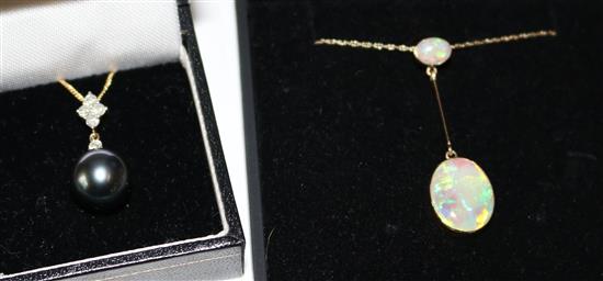 Opal pendant on chain & pearl pendant on chain